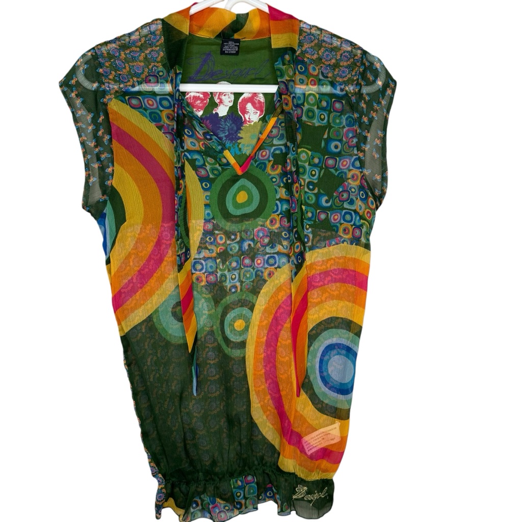 Desigual Colorful Patterned Women's Top Size M Boho 90’s Tie Front Semi Sheer